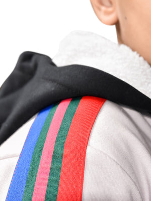 NXT Inner Fur Hood Fleece Full Zipper Hoodie For Kids-Light Pink with Blak Panel & Multi Stripes-BE2415/BR14479