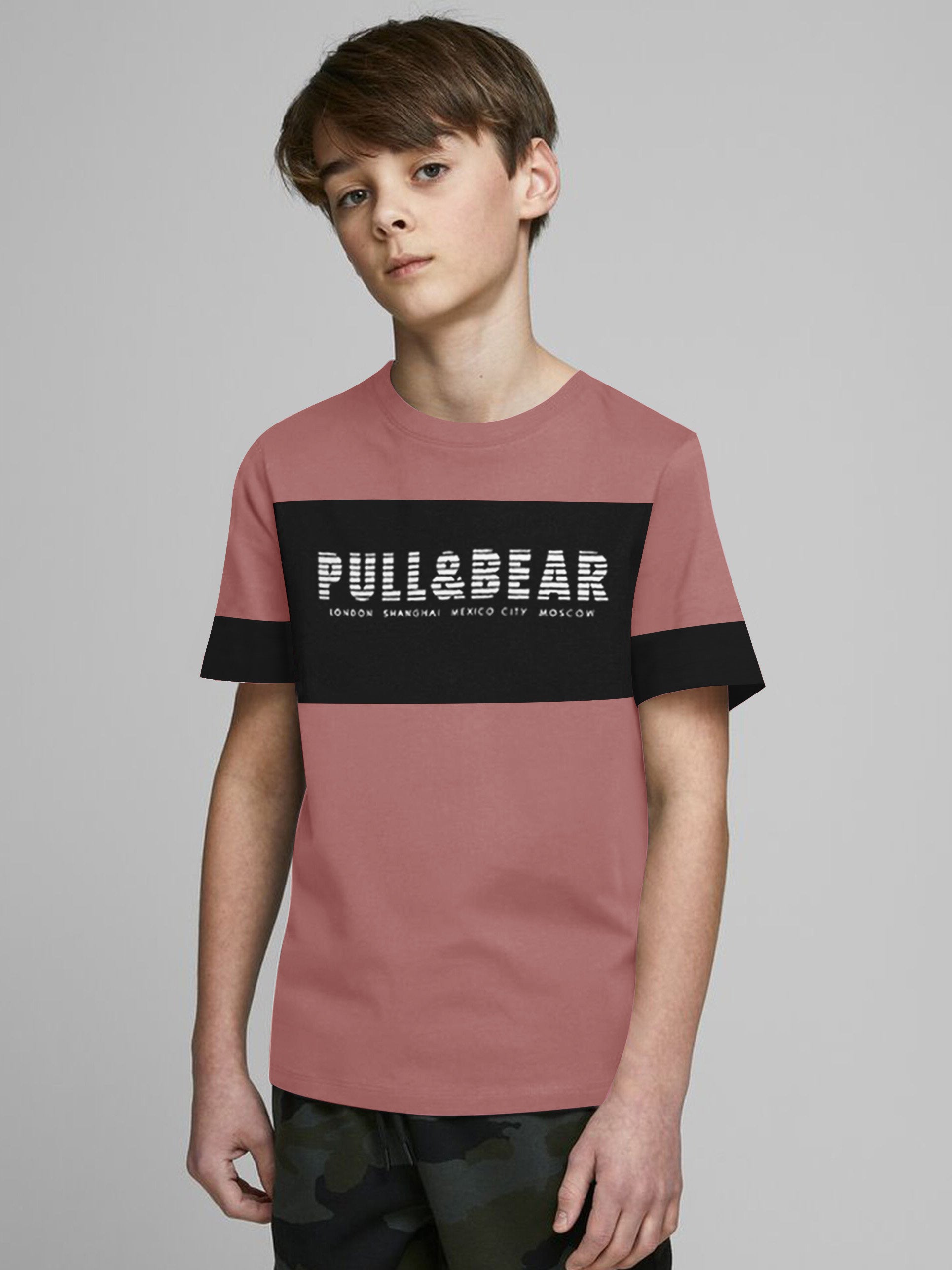 P&B Crew Neck Single Jersey Tee Shirt For Kids-Dark Coral Pink & Black Panel-SP2191
