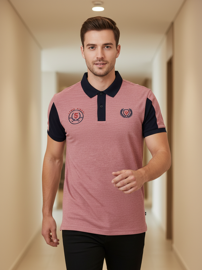 LV Summer Polo Shirt For Men-Dark Pink Melange & Dark Navy-BE857/BR13095