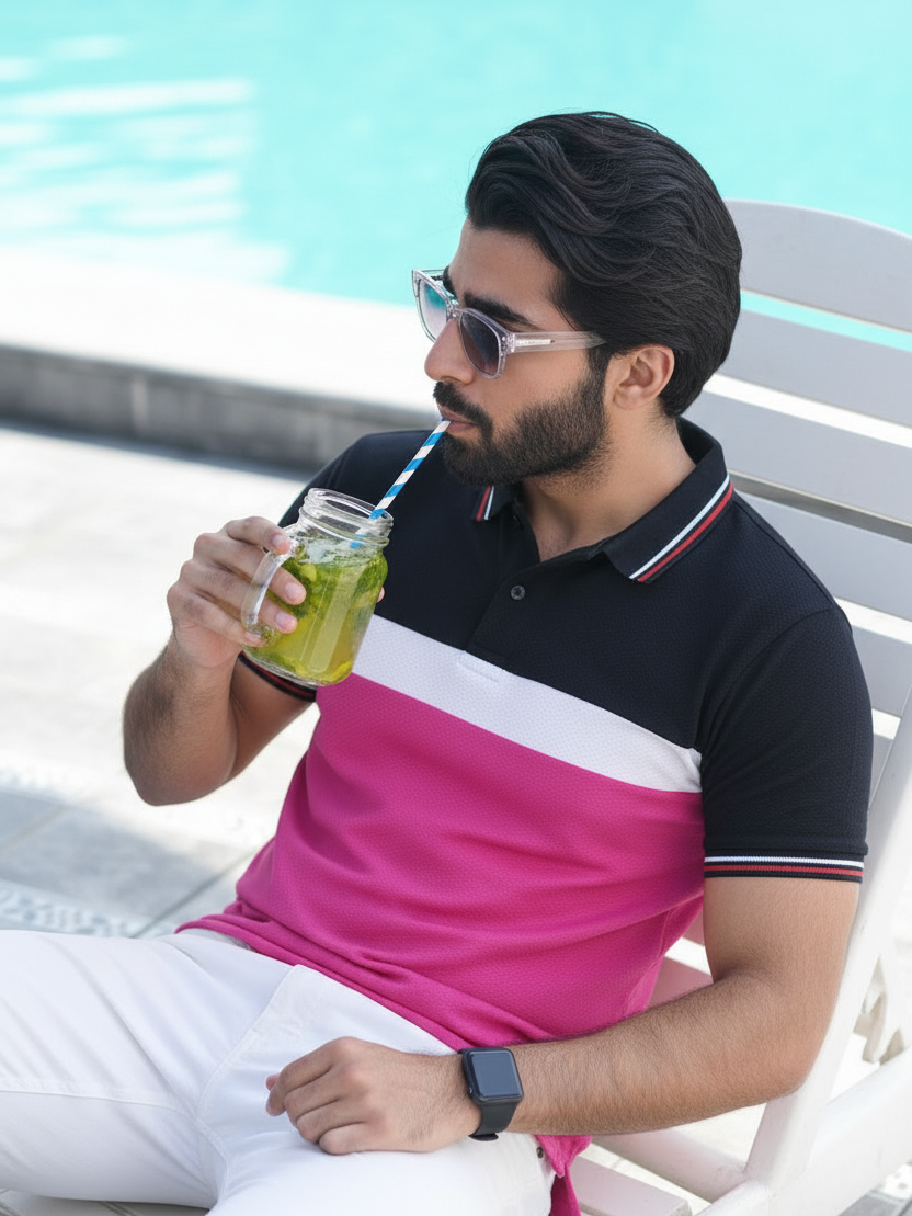 LV Summer Dry Fit Polo Shirt For Men-Navy with White & Pink Panels-BE1708/BR13917