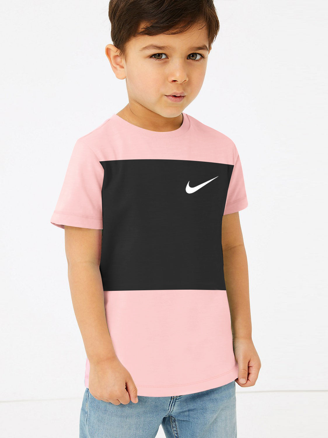 NK Crew Neck Single Jersey Tee Shirt For Kids-Pink with Black Panel-SP2224