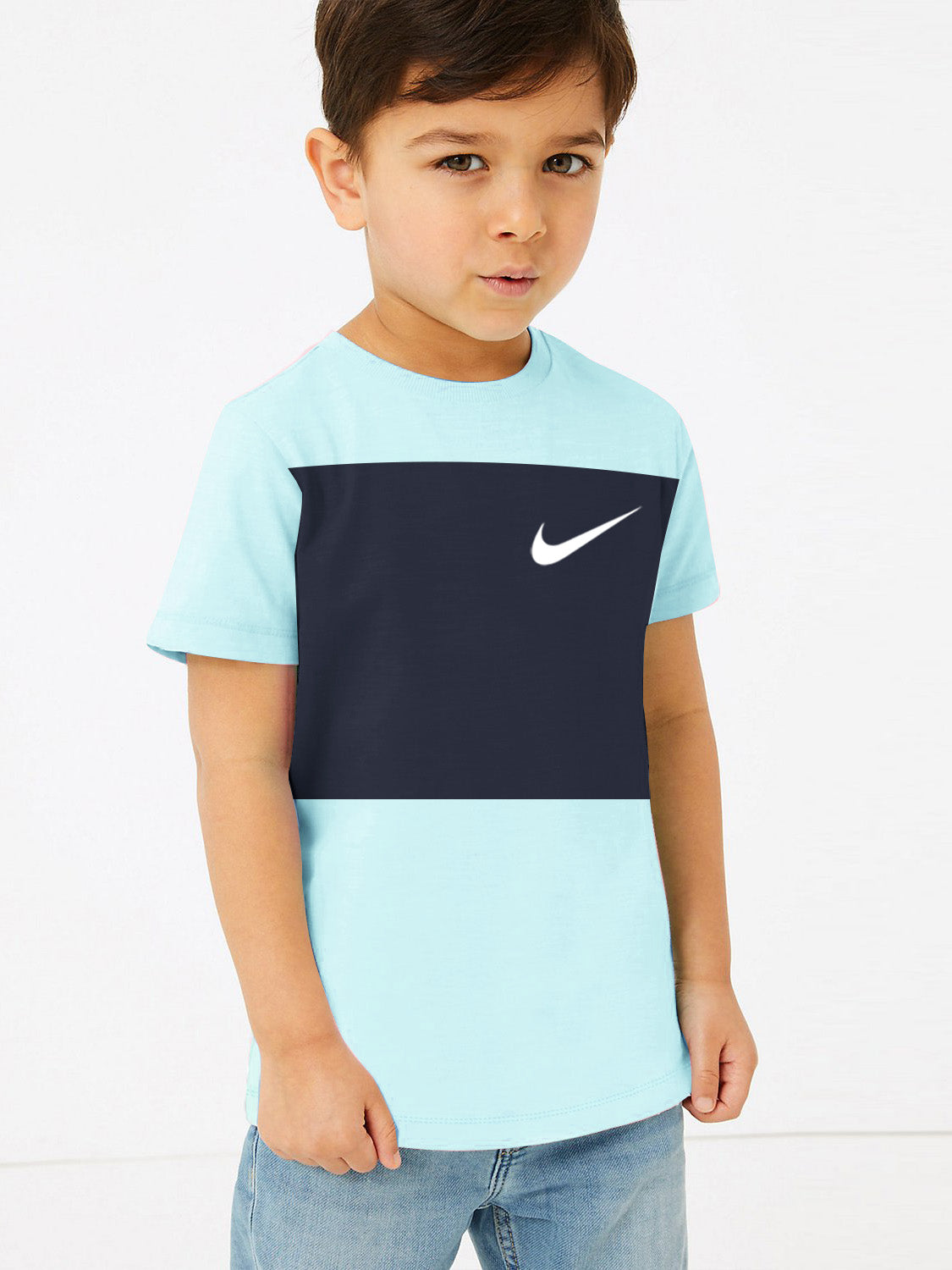 NK Crew Neck Single Jersey Tee Shirt For Kids-Blue with Navy Panel-SP2264