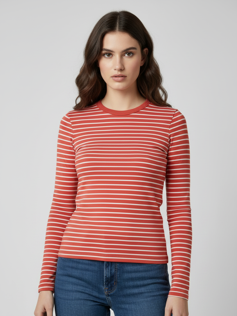 Nxt Long Sleeve Crew Neck Jersey Lycra Strech Blouse For Ladies-Red With Stripes-RZ22