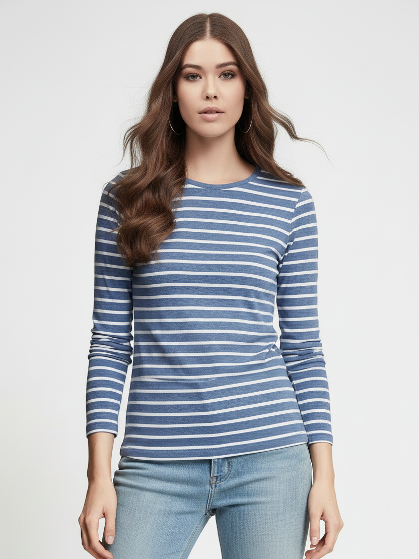Next Long Sleeve Crew Neck Jersey Lycra Strech Blouse For Ladies-Blue With Stripes-AN3886