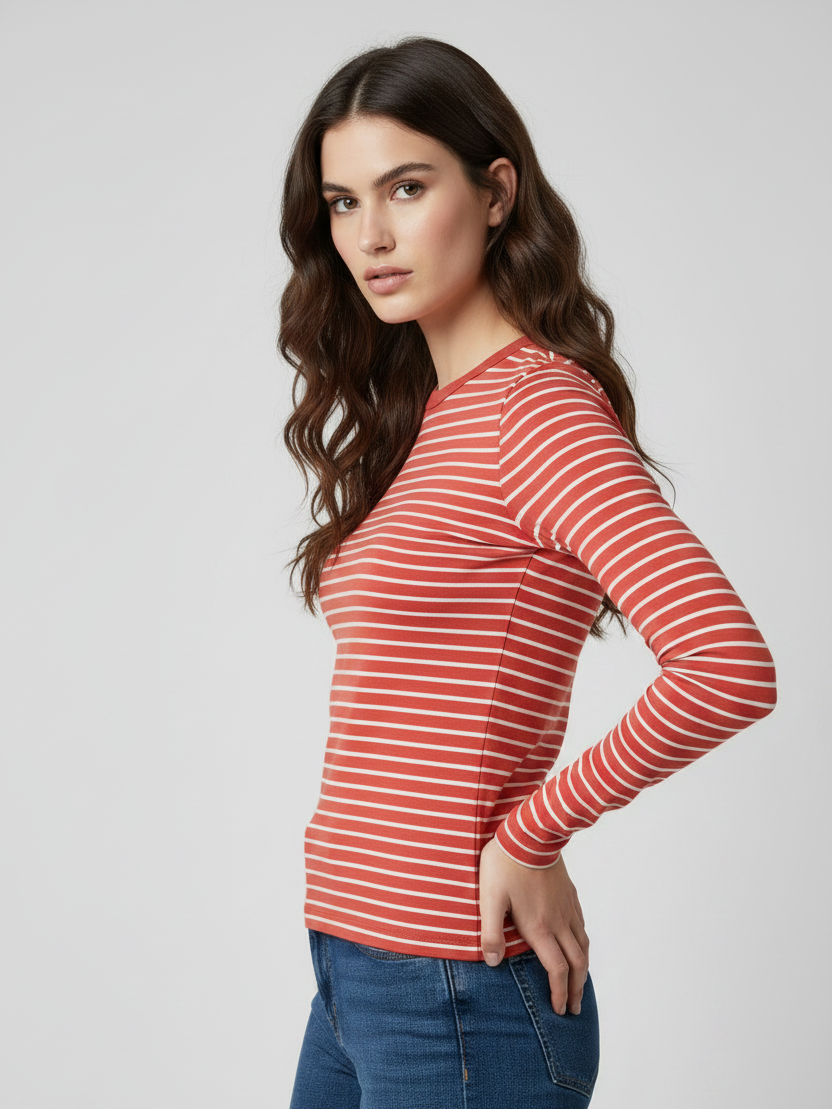 Nxt Long Sleeve Crew Neck Jersey Lycra Strech Blouse For Ladies-Red With Stripes-RZ22