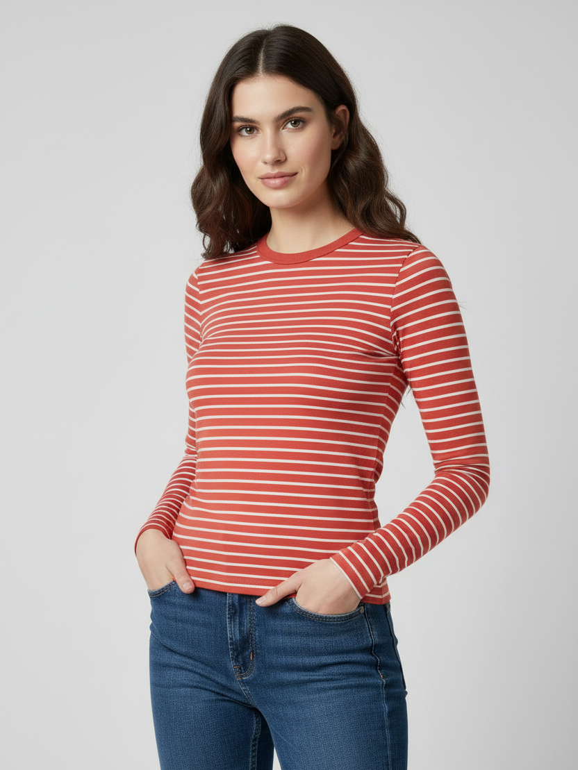 Nxt Long Sleeve Crew Neck Jersey Lycra Strech Blouse For Ladies-Red With Stripes-RZ22