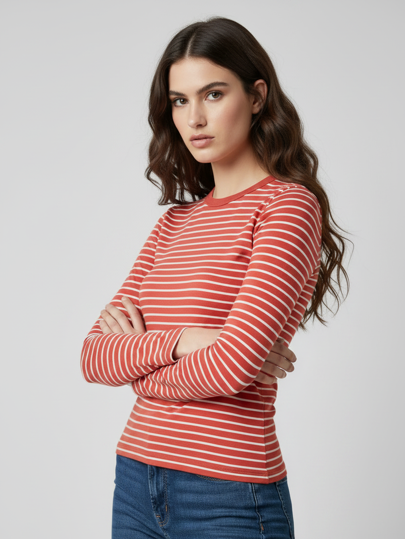 Nxt Long Sleeve Crew Neck Jersey Lycra Strech Blouse For Ladies-Red With Stripes-RZ22