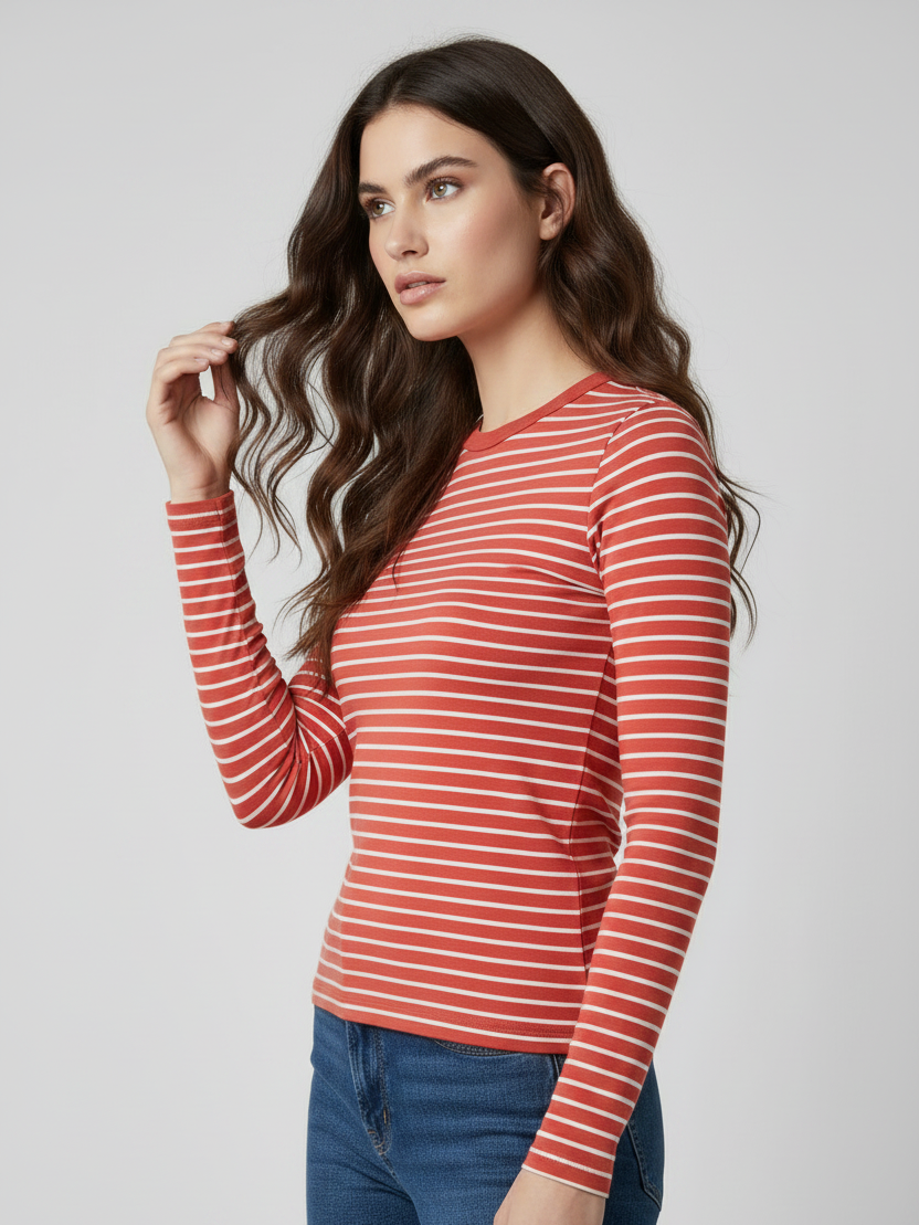 Nxt Long Sleeve Crew Neck Jersey Lycra Strech Blouse For Ladies-Red With Stripes-RZ22