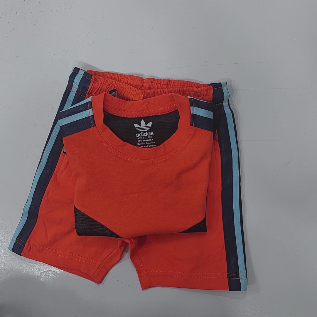 Summer T Shirt & Short Suit For Kids-Orange & Black Lining with Sky,Navy Stripe-BE3311/BR15749