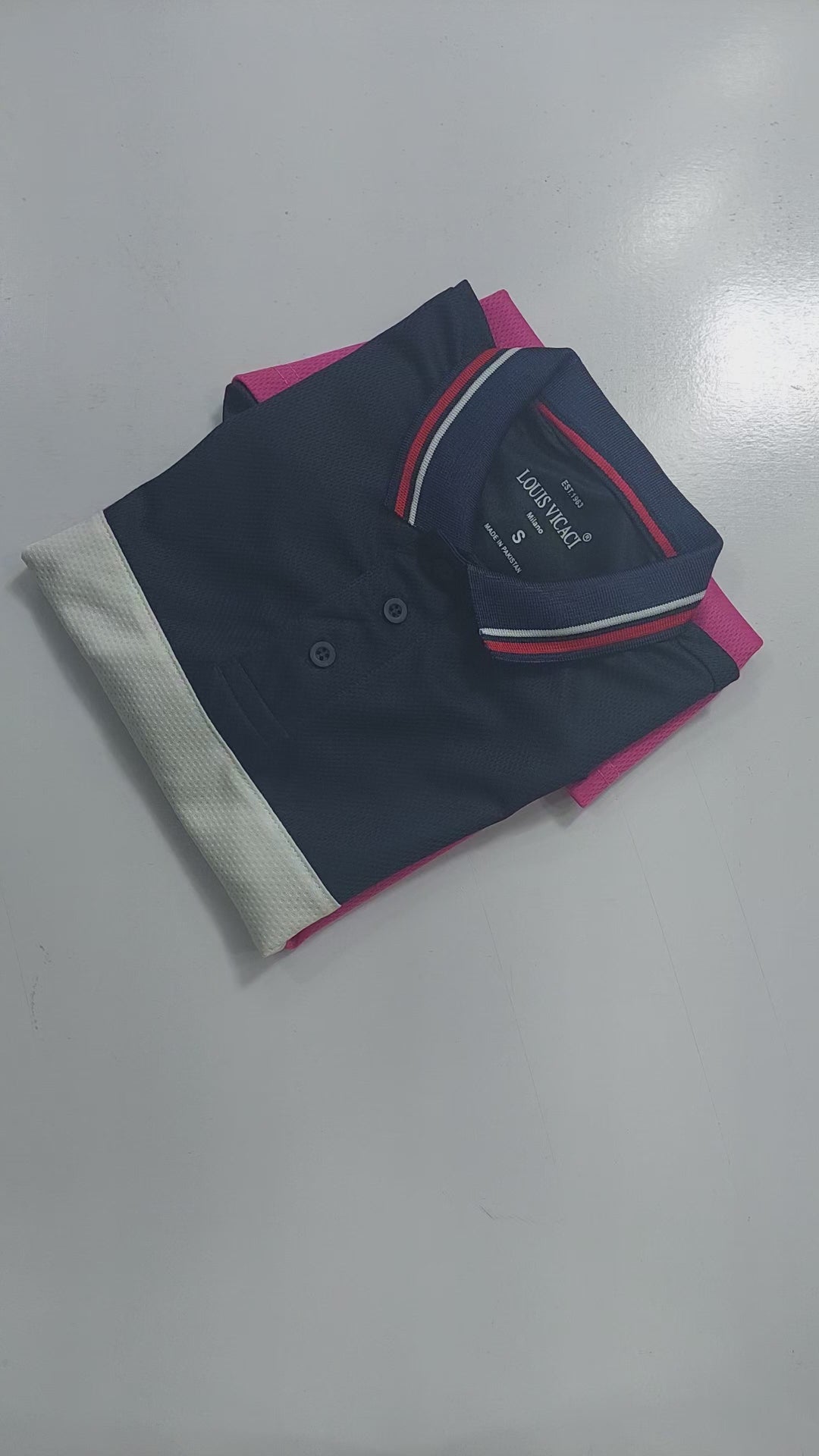 LV Summer Dry Fit Polo Shirt For Men-Navy with White & Pink Panels-BE1708/BR13917