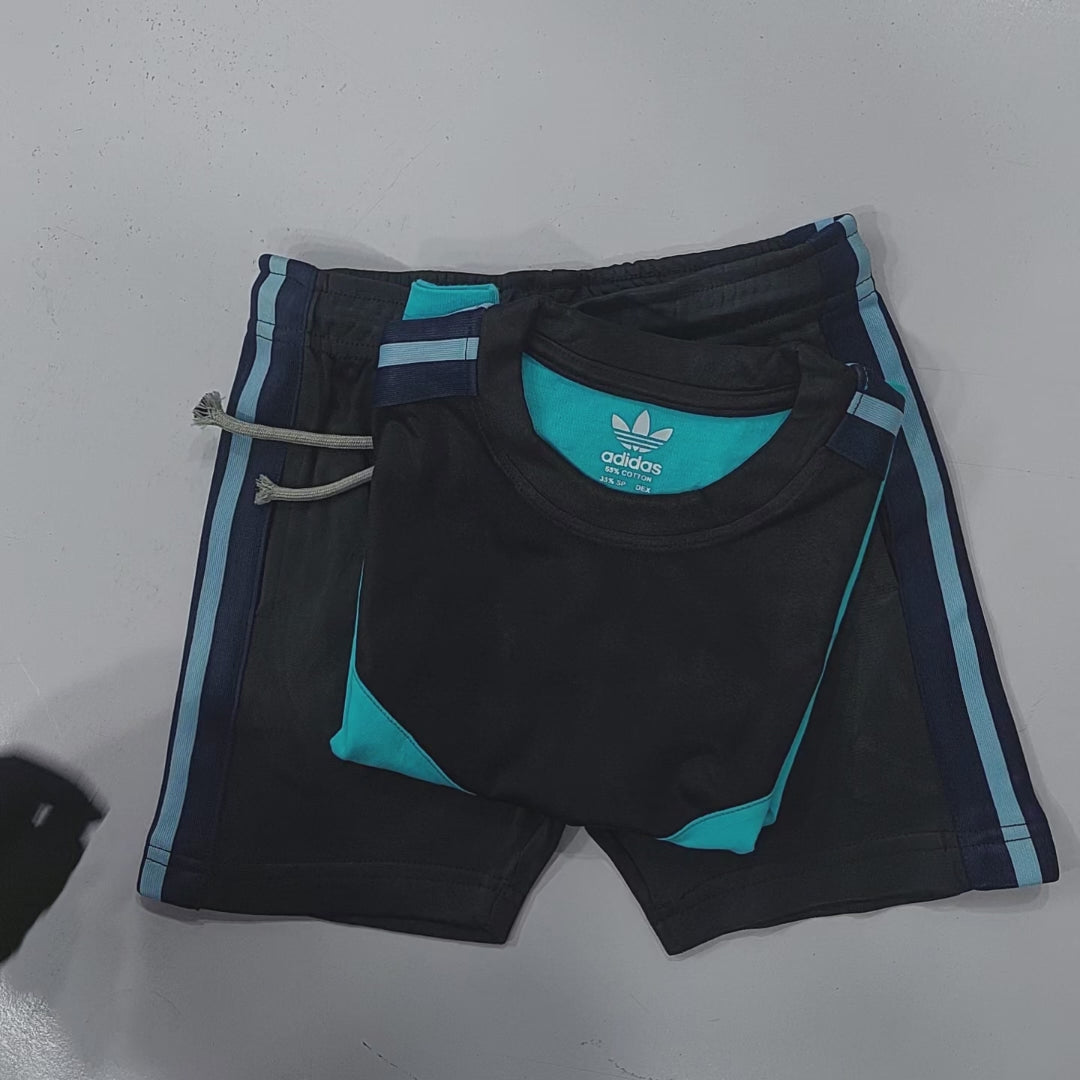Ads Summer T Shirt & Short Suit For Kids-Sky Blue with Black & Blue, Sky Stripe-BE3302/BR15740