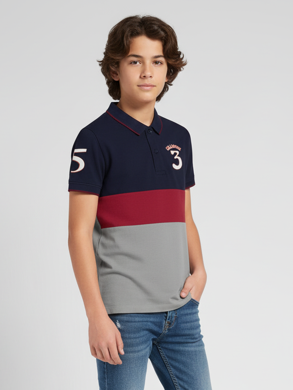Champion Single Jersey Polo Shirt For Kids-Grey with Red & Navy Panels-BE935/BR13182