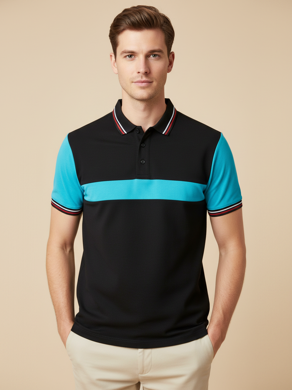 LV Summer Single Jersey Polo Shirt For Men-Black with Sky Panels-BE1770/BR13938
