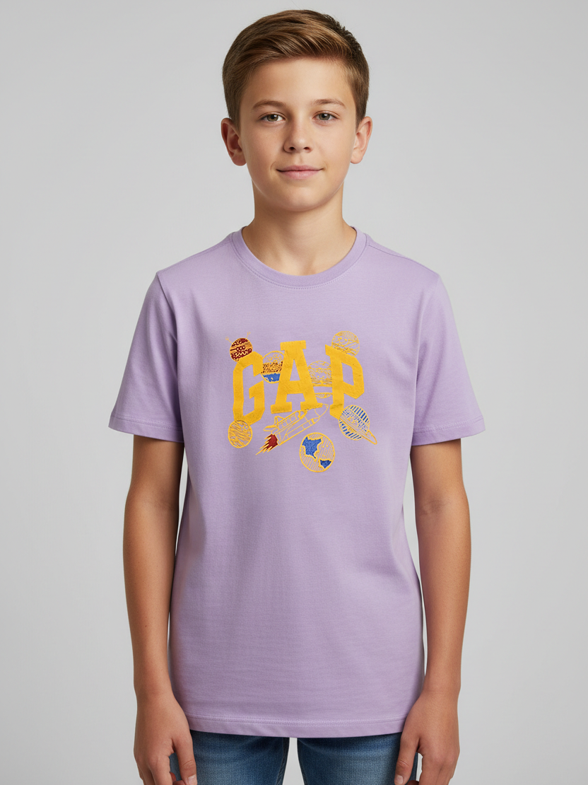 Summer Single Jersey Crew Neck Tee Shirt For Kids-Purple With Print-AN4156