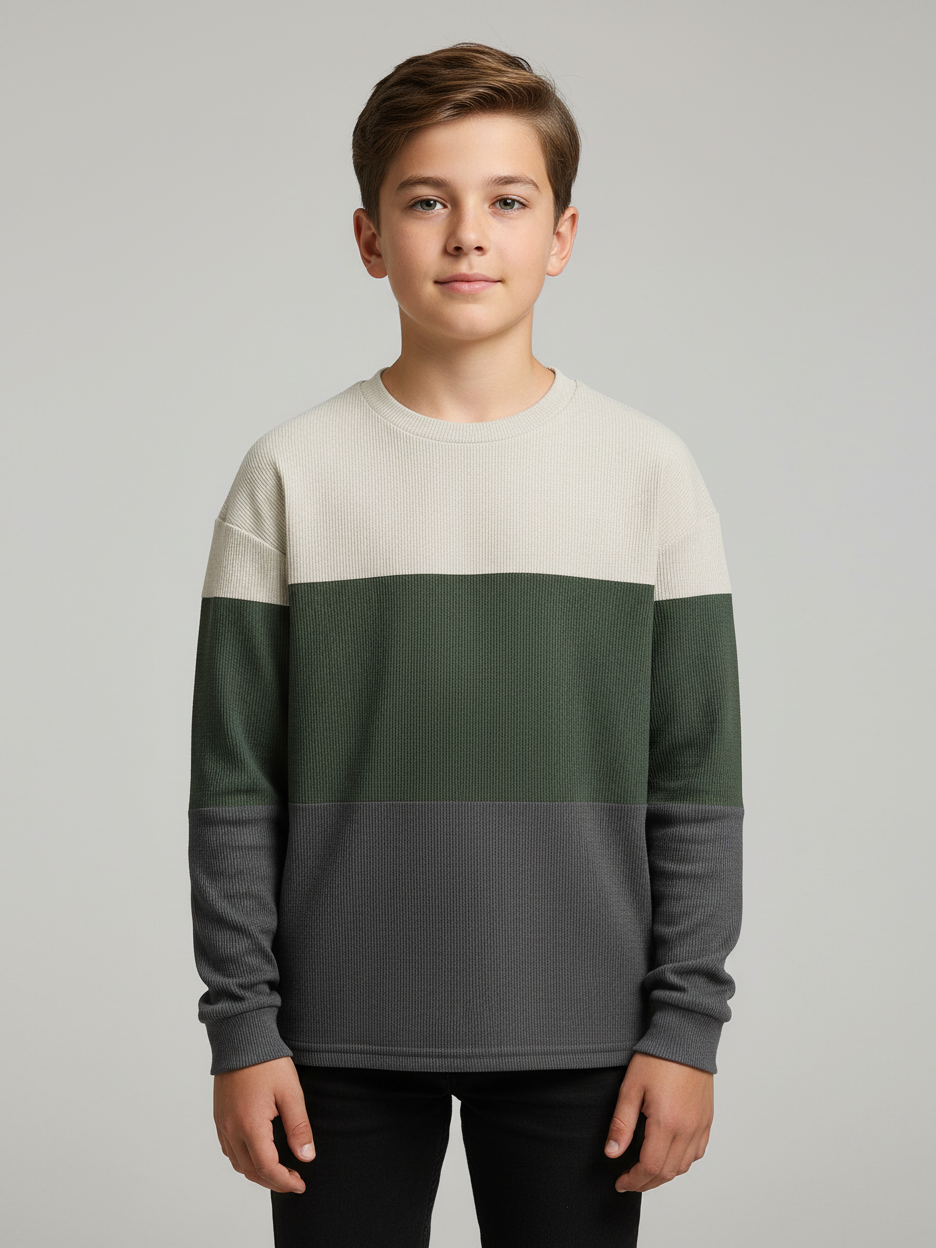 LV Crew Neck Long Sleeve Thermal Tee Shirt For Kids-Off White with Green & Grey-SP1716/RT2420