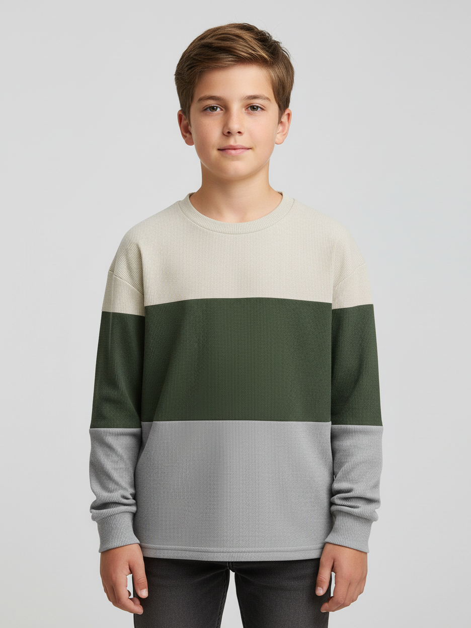 LV Crew Neck Long Sleeve Thermal Tee Shirt For Kids-Off White with Green & Light Grey-SP1717/RT2421