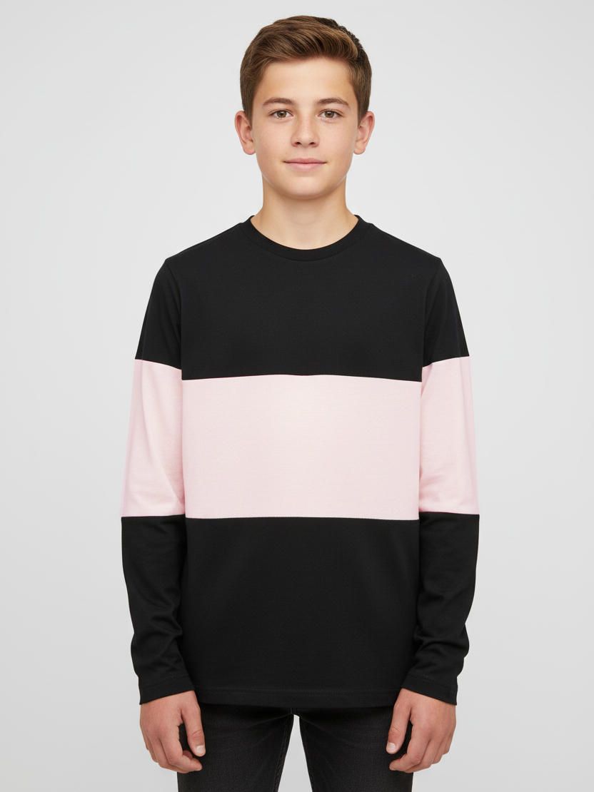 Crew Neck Long Sleeve Single Jersey Tee Shirt For Kids-Dark Navy With Panel-AZ144