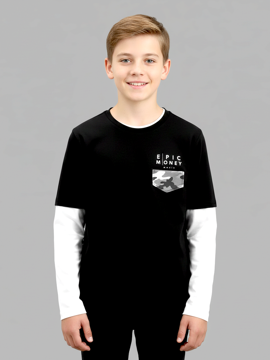 Maxx Crew Neck Long Sleeve Single Jersey Tee Shirt For Kids-Black & White-SP207/RT2114