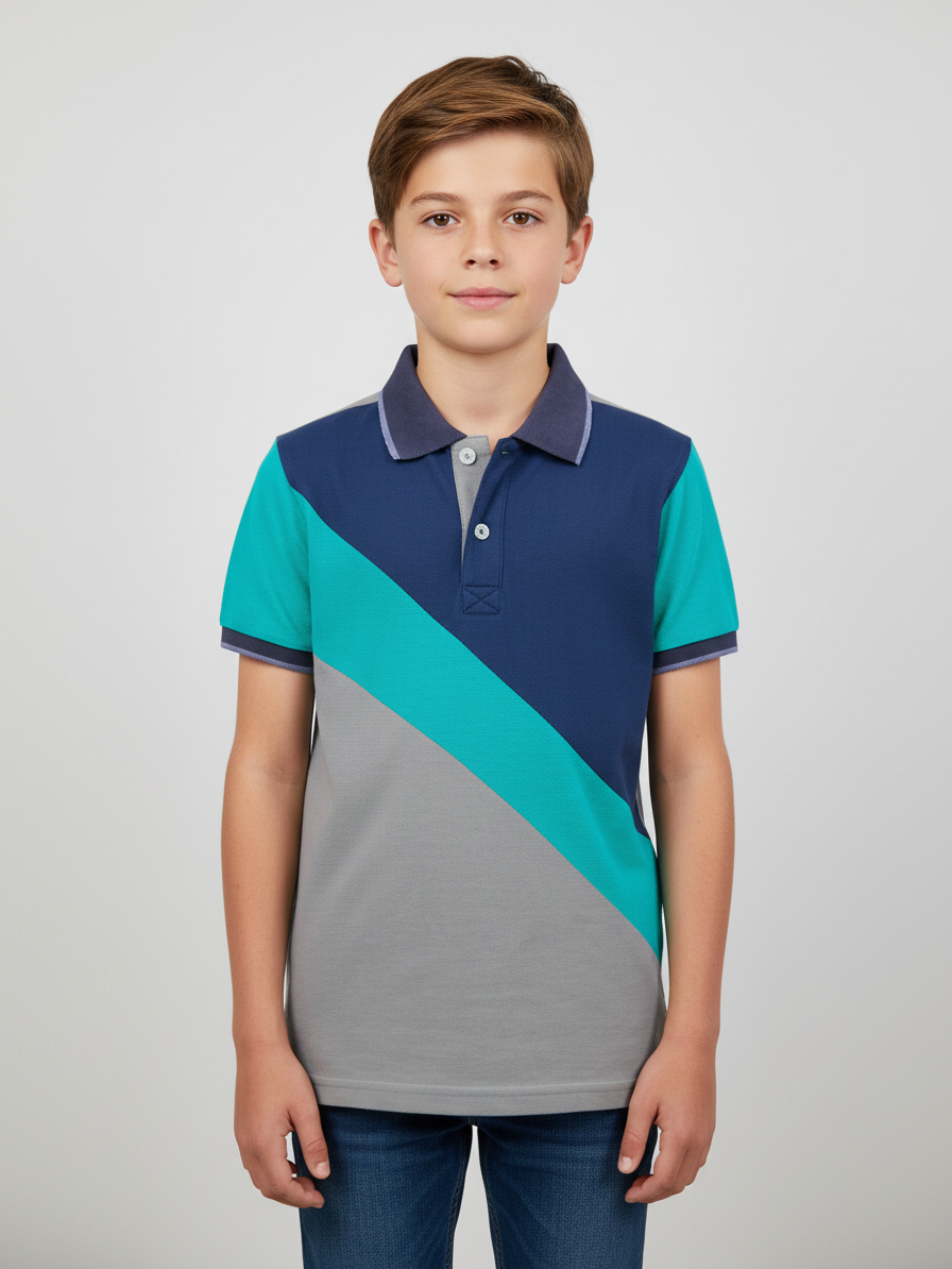 Champion Single Jersey Polo Shirt For Kids-Grey Cyan & Blue-SP1704/RT2414