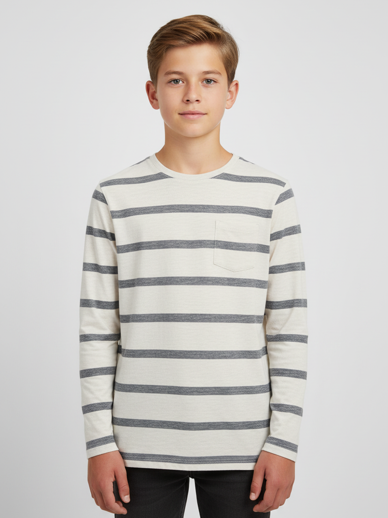 Maxx Crew Neck Long Sleeve Single Jersey Tee Shirt For Kids-Off White Melange With Stripes-SP213/RT2118