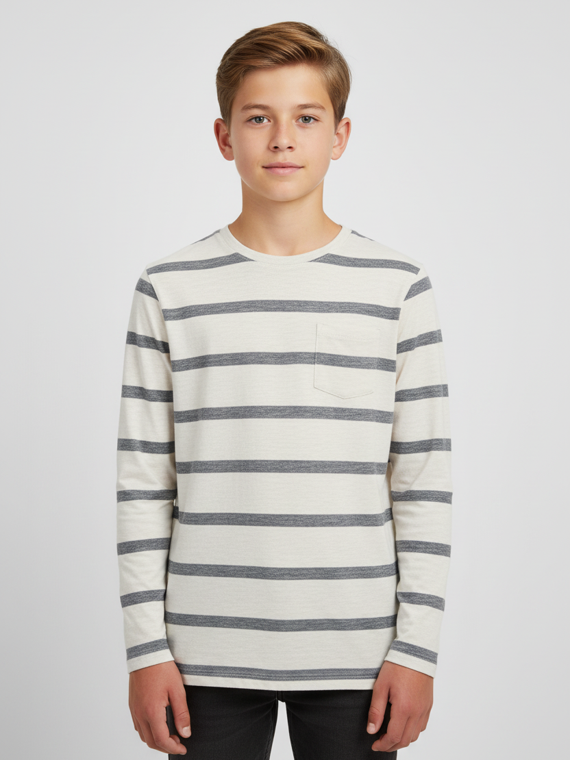 Maxx Crew Neck Long Sleeve Single Jersey Tee Shirt For Kids-Off White Melange With Stripes-SP213/RT2118