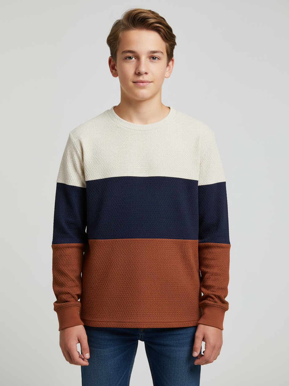 LV Crew Neck Long Sleeve Thermal Tee Shirt For Kids-Off White with Blue & Brown-BE969/BR13216