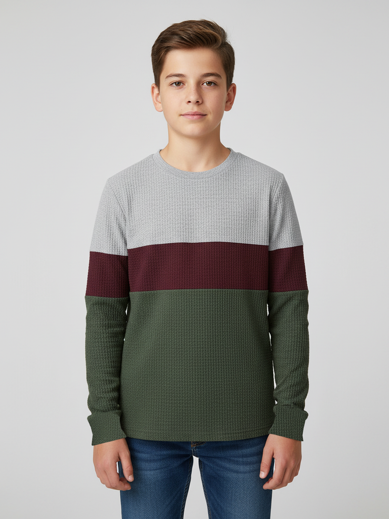 LV Crew Neck Long Sleeve Thermal Tee Shirt For Kids-Grey with Maroon & Dark Green-BE971/BR13218
