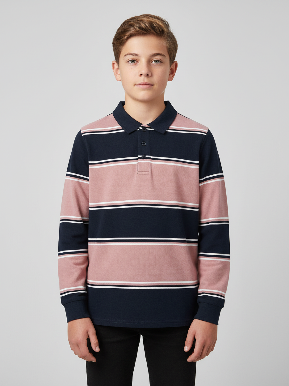 Louis Vicaci Long Sleeve Polo Shirt For Kids-Dark Navy with Pink Stripe-BE946