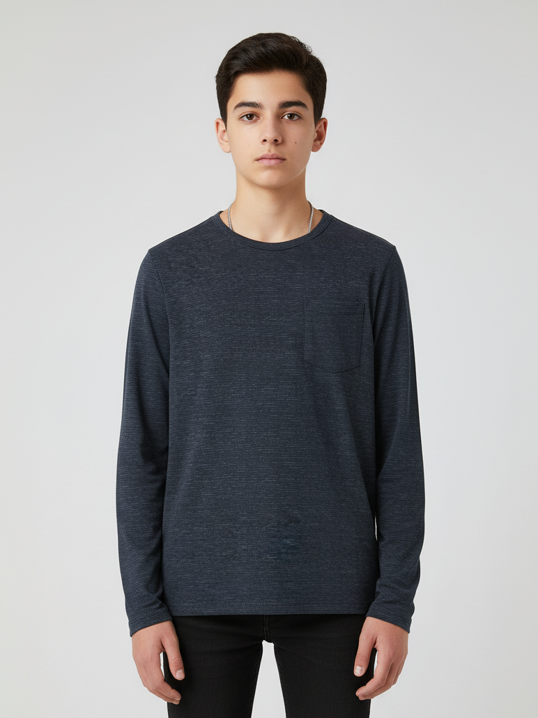 Maxx Crew Neck Long Sleeve Single Jersey Tee Shirt For Kids-Navy Melange-SP212