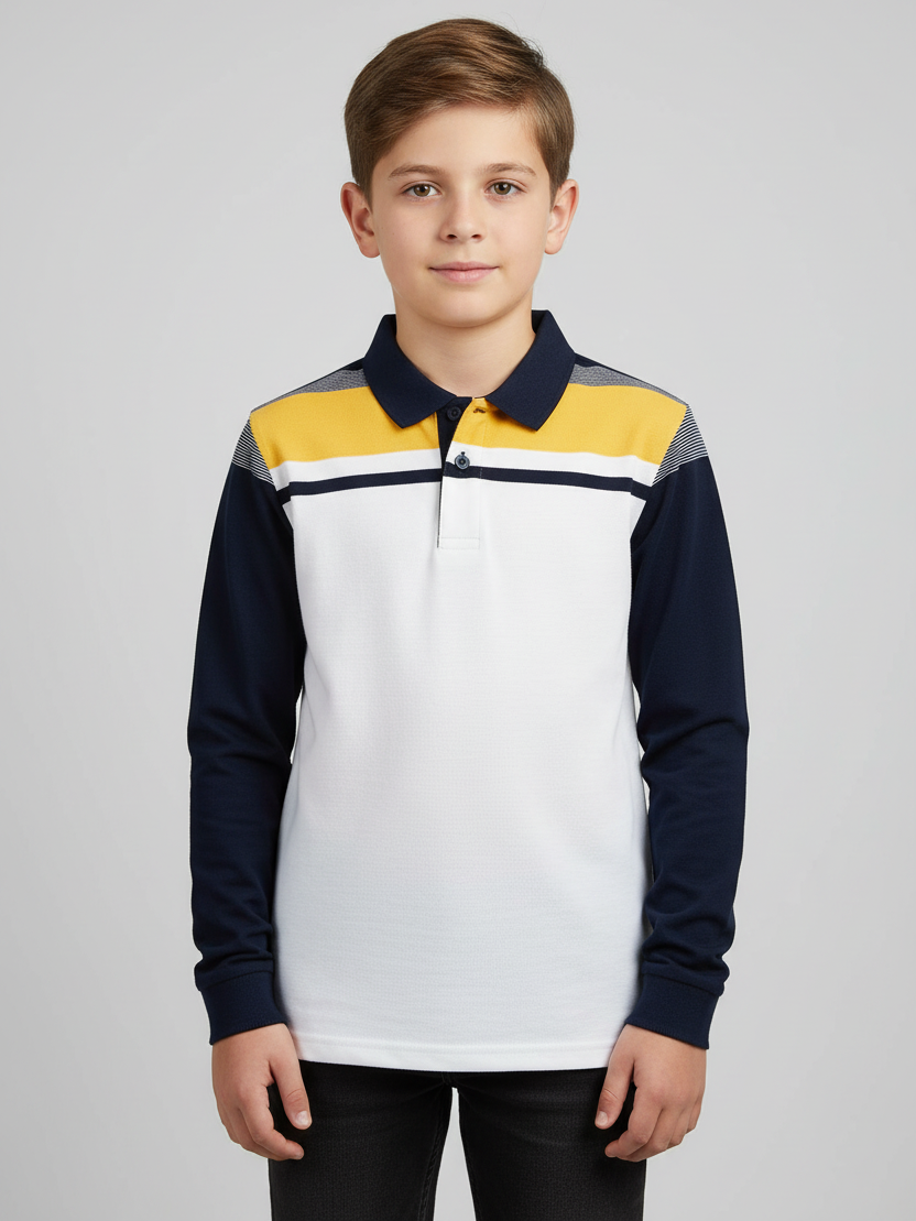 Louis Vicaci Single Jersey Long Sleeve Polo Shirt For Kids-Navy with Off White-BR791