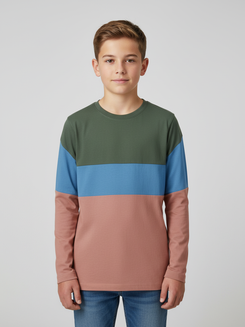 Crew Neck Long Sleeve Single Jersey Tee Shirt For Kids-Olive Green With Panels-AZ143