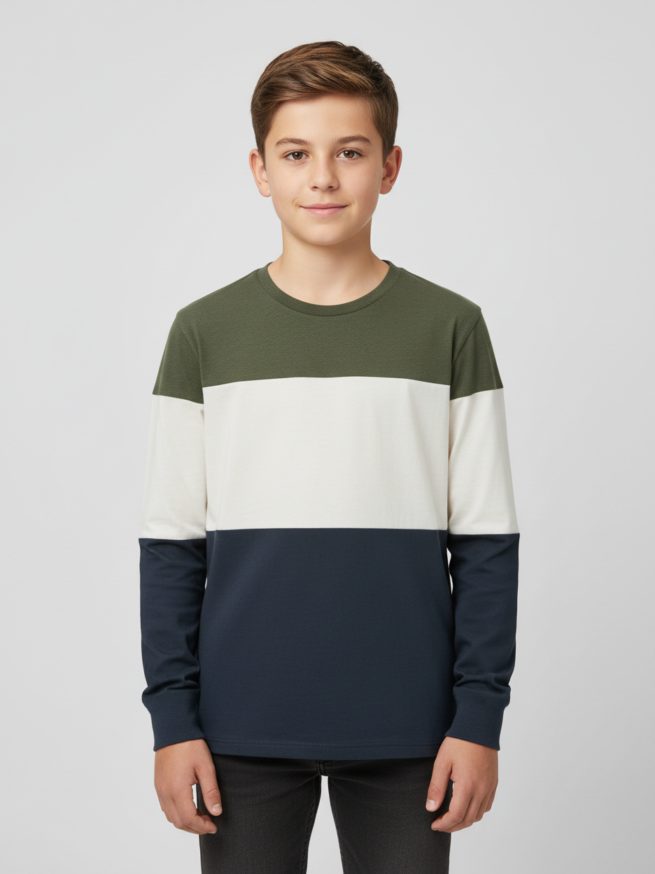 HB Crew Neck Long Sleeve Single Jersey Tee Shirt For Kids-Olive Melange with Off White & Navy-SP1714/RT2418