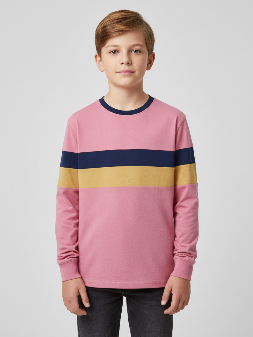 HB Crew Neck Long Sleeve Single Jersey Tee Shirt For Kids-Pink with Stripes-SP1715/RT2419