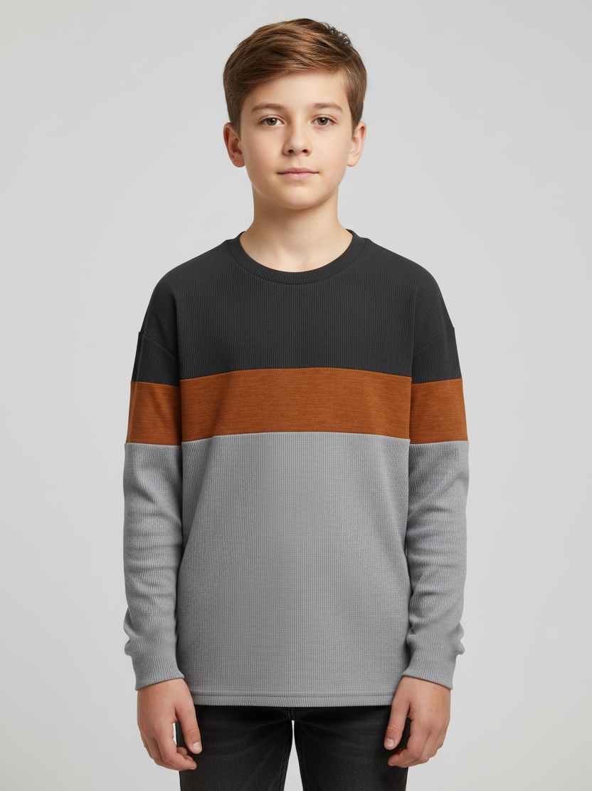 LV Crew Neck Long Sleeve Thermal Tee Shirt For Kids-Black with Orange & Grey-SP1718/RT2422
