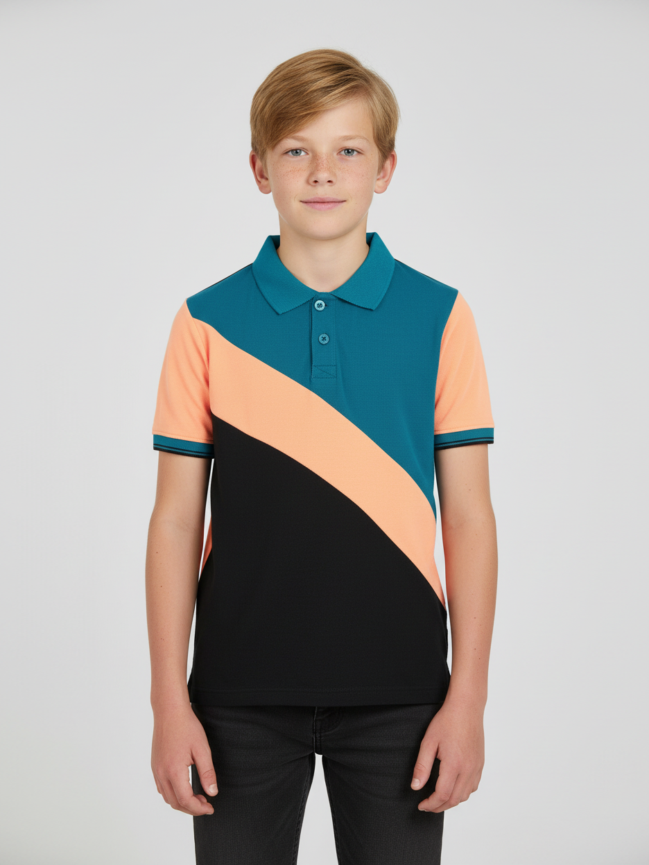 Champion Single Jersey Polo Shirt For Kids-Black with Peach & Dark Cyan Blue Panels-SP1687