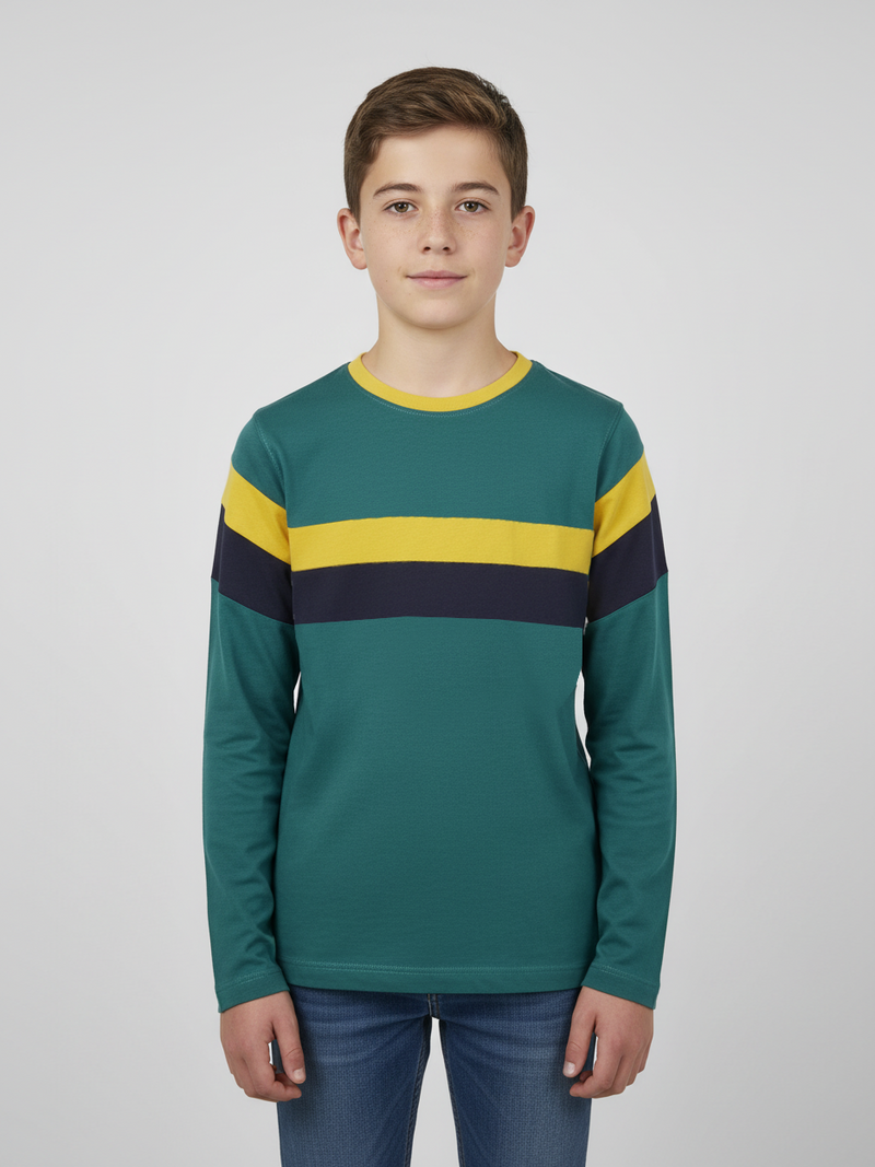Crew Neck Long Sleeve Single Jersey Tee Shirt For Kids-Cyan Blue With Panels-AZ146