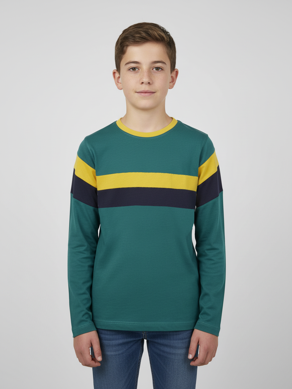 Crew Neck Long Sleeve Single Jersey Tee Shirt For Kids-Cyan Blue With Panels-AZ146