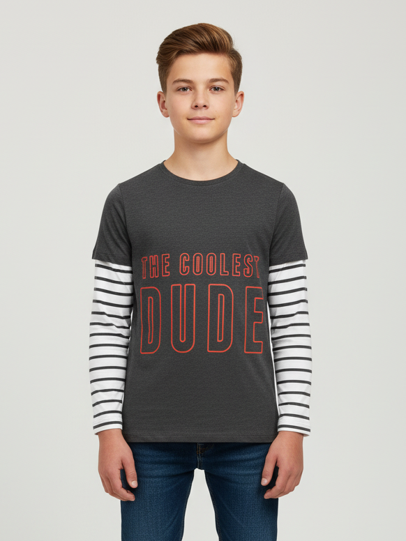 Maxx Crew Neck Long Sleeve Single Jersey Tee Shirt For Kids-Charcoal & White-SP210/RT2116