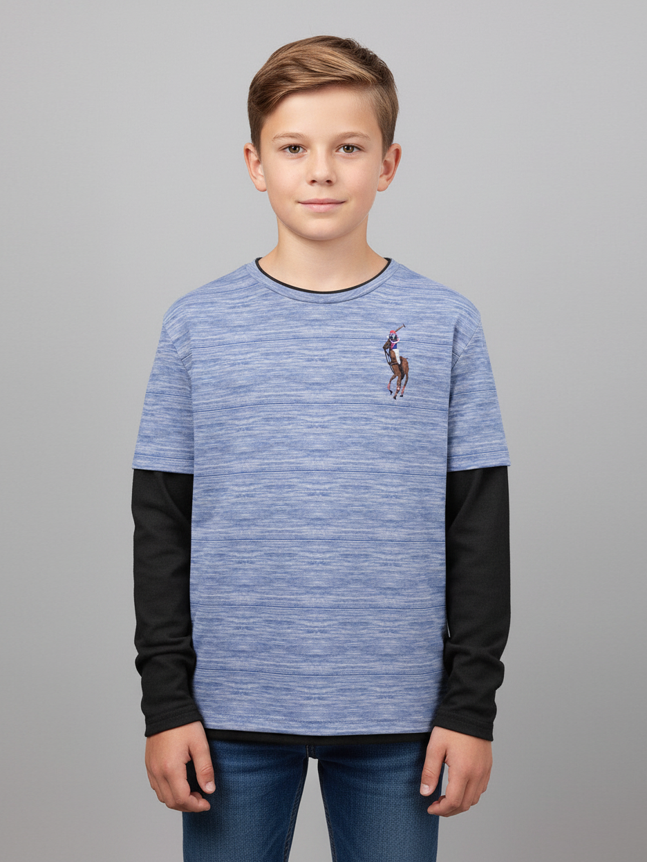 US POLO ASSN Single Jersey Long Sleeve Tee Shirt For Kids-Blue & Charcoal Melange-BE1156
