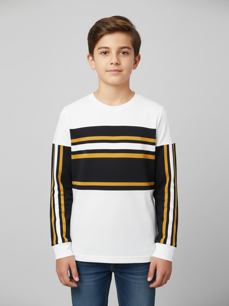 NXT Crew Neck Single Jersey Long Sleeve Tee Shirt For Kids-White & Navy Panel with Stripes-SP2278