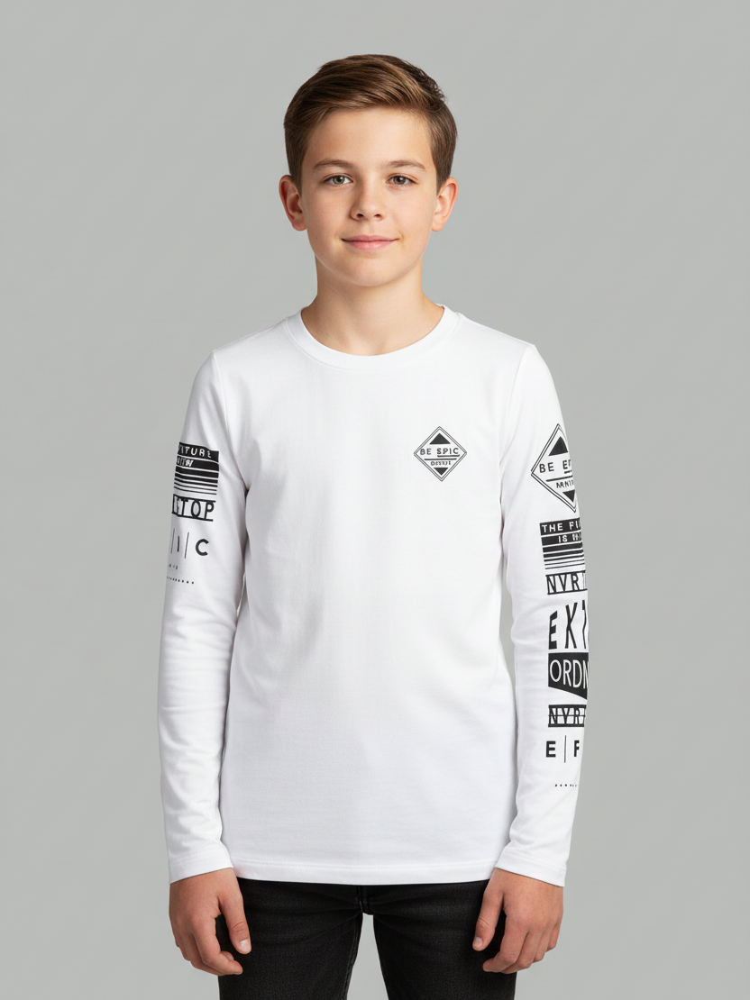 Maxx Crew Neck Long Sleeve Single Jersey Tee Shirt For Kids-White-SP209/RT2115