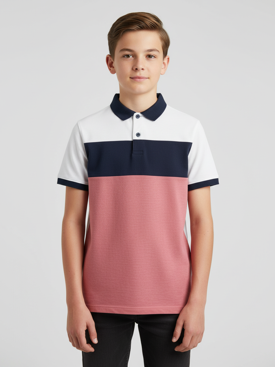 NXT Half Sleeve P.Q Polo Shirt For Kids-Pink Melange with White & Navy-SP1678