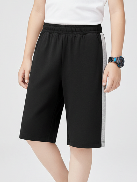 Next Single Jersey Short For Kids-Black With Grey Melange Stripes-RT2510
