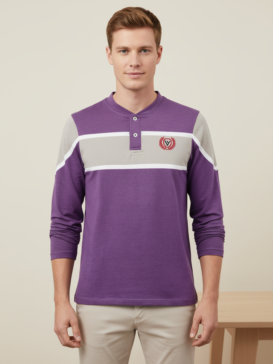 Louis Vicaci P.Q Long Sleeve Henley Shirt For Men-Purple Melange with Grey Panel-SP1738/RT2427