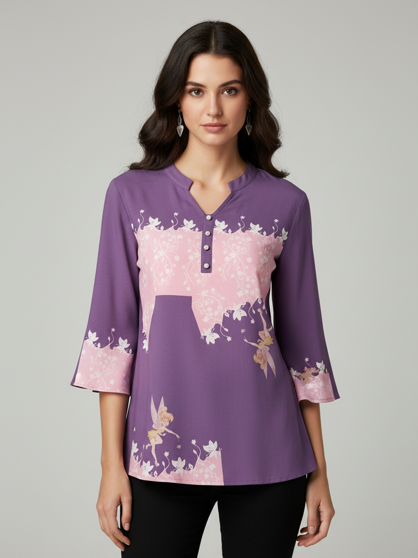 Louis Vicaci Butterfly Sleeve 4 Sided Lycra Ban Top For Ladies-Dark Purple with Fairy Print-BR722