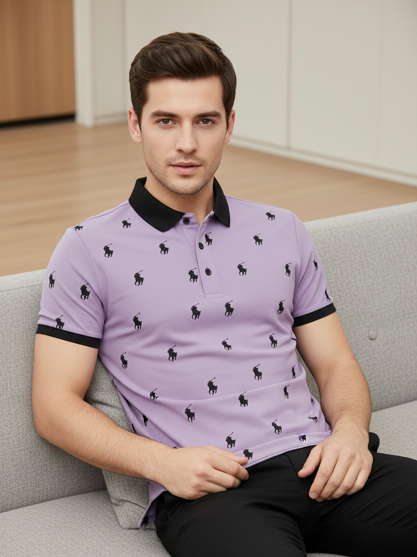 PRL Summer Polo Shirt For Men-Purple with Allover Print-BE681/BR12934