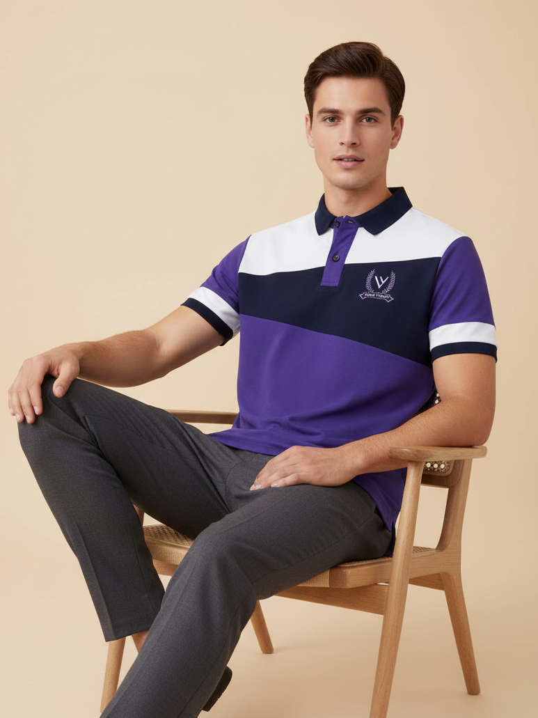 LV Summer Polo Shirt For Men-Purple Blue with White & Navy Panel-BE839/BR13079