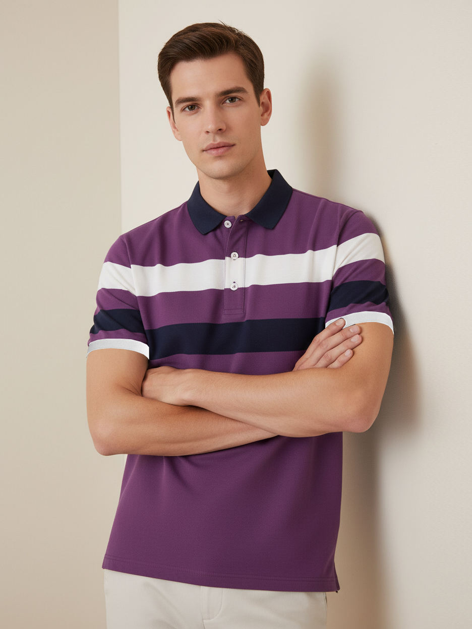 NXT Summer Polo Shirt For Men-Purple with Navy & White Stripe-BE723/BR12975