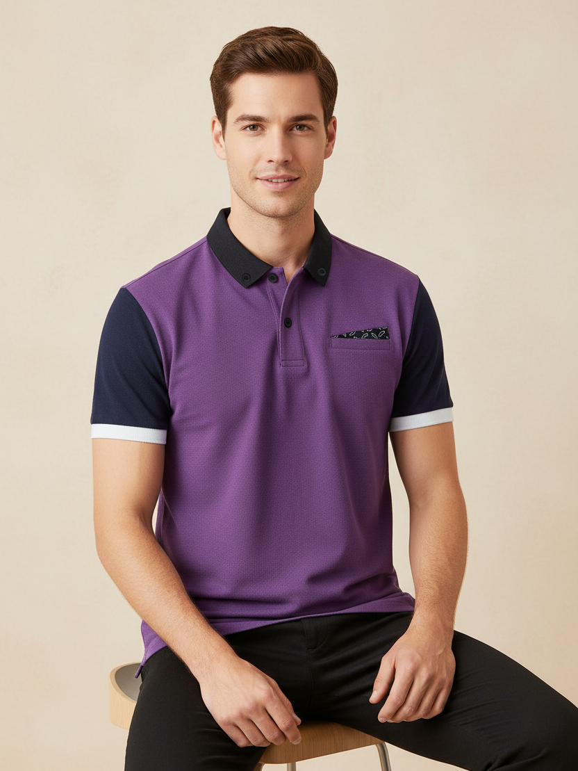 LV Summer Polo Shirt For Men-Purple Blue with Navy-BE773/BR13020