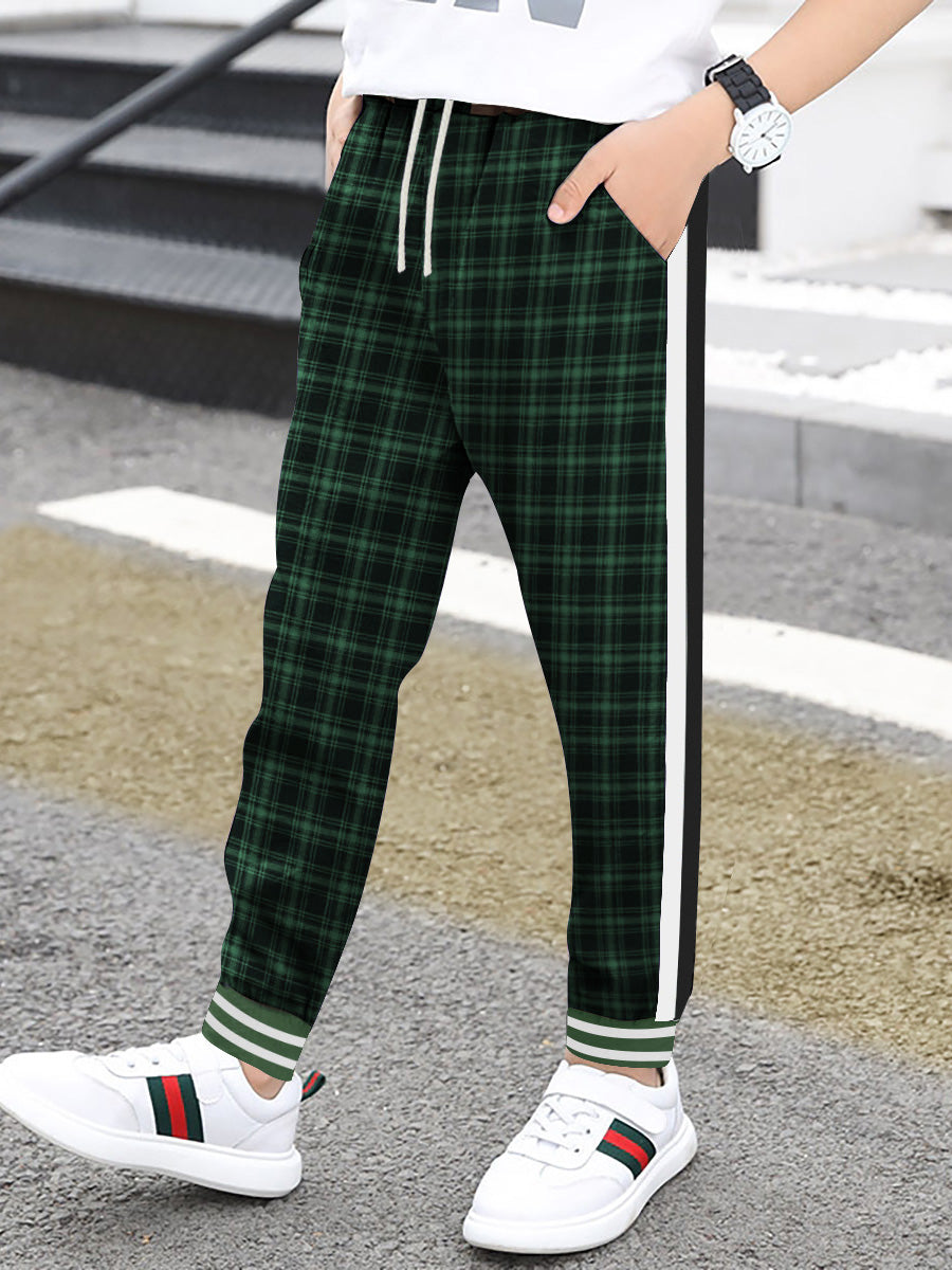 Red Pearl Ribb Slim Fit Jogger Trouser For Kids-Green Check With Assorted Stripes-SP893